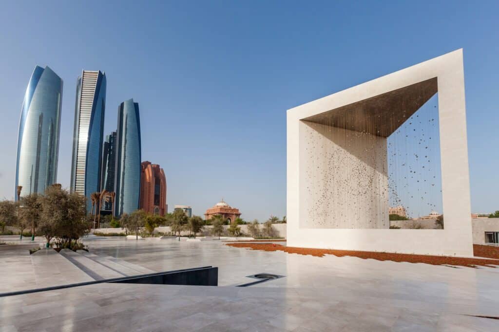 Founder's monument and Etihad towers in Abu Dhabi. Modern architecture.