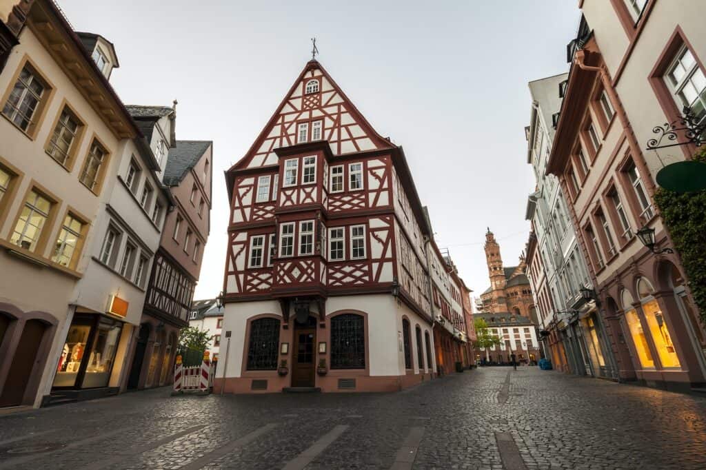 Old architecture houses in the center of Mainz city near Frankfurt am Main, Germany